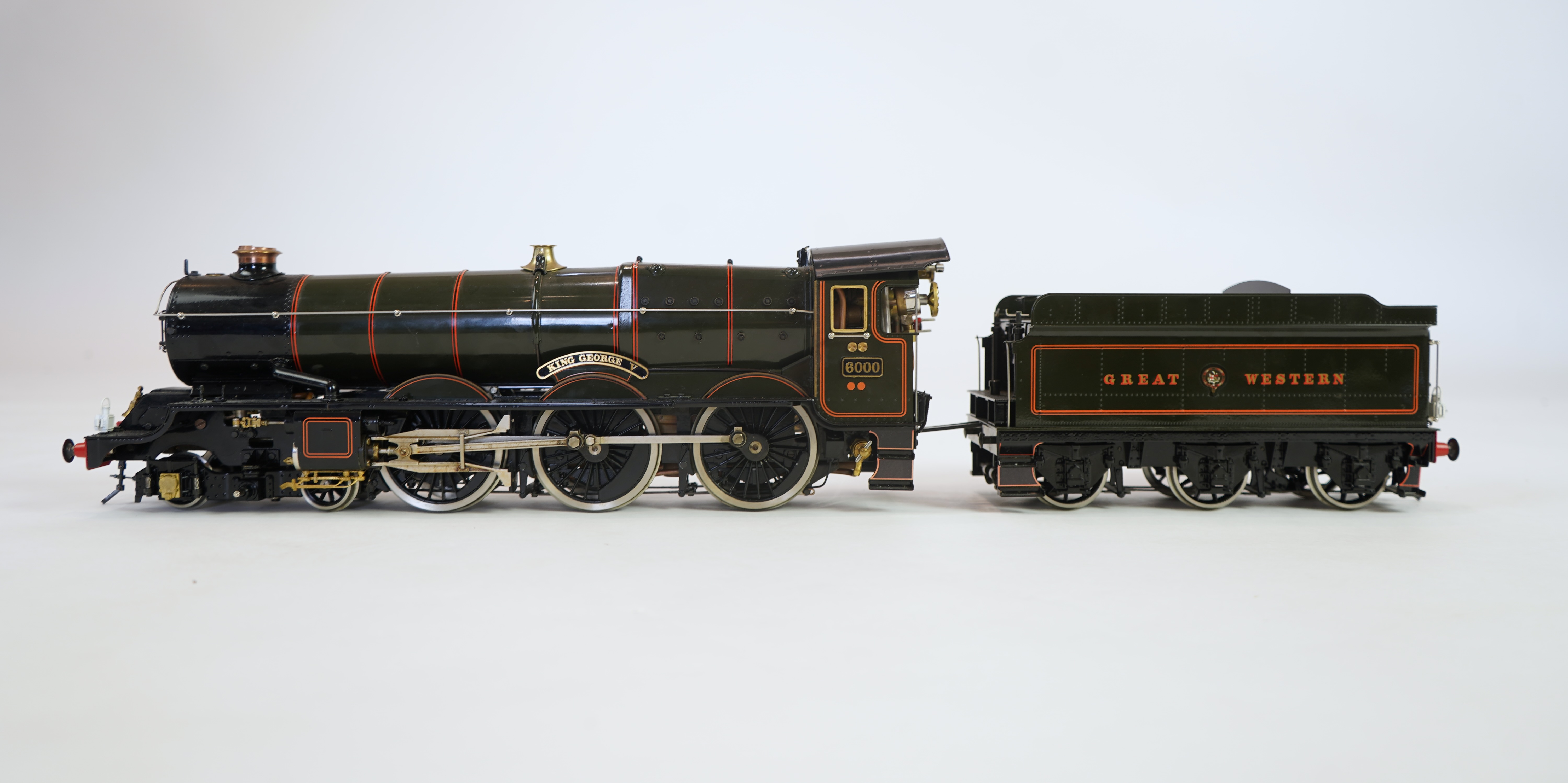 A Gauge One Aster Hobbies live steam GWR King Class, 4-6-0 tender locomotive, King George V 6000, with spirit fired working four cylinder motion, with assembly and operating instructions.